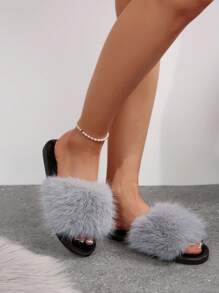 Elegant Grey Faux Fur Ladies' House Slippers, Comfortable & Fashionable Indoor Slippers, Non-Slip House Shoes