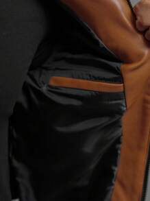 Men's Zip-Up Pu Leather Baseball Jacket With Long Sleeves - Brown - View 5