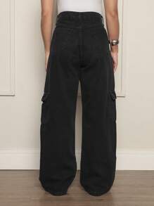 Women's Black Cargo Jeans With Pocket - 黑色 - 查看 4