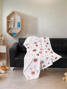 1pc Strawberry Rabbit Pattern Sherpa Fleece Blanket, Soft & Comfortable Sherpa Fleece Throw Blanket For Sofa, Bed, TV, Soft And Warm Blanket For Baby, Home, Office, Camping, Travel, Holiday, All Season Multipurpose Gift Blanket
