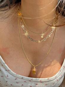 Conjunto de colar com pingente de estrela de prata 3 peças - colar de corrente feminino da moda, conjunto de colar com pingente feminino, conjunto de colar de ouro feminino