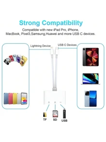 三合一 Type C/Lightning SD 读卡器 USB 闪存盘 SD/TF 读卡器适配器 Micro SD 读卡器转换器 兼容 iPad - 白色 - 查看 12