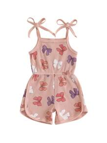 Mono de verano sin mangas estilo casual para bebé y niña pequeña con lazo, estampado y tirantes con nudo, ropa linda para recién nacidos