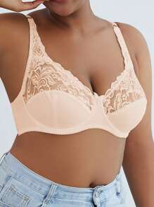 Plus Size Thin Lace Underwired Bra, Sexy Solid Color Women Lingerie, Lift