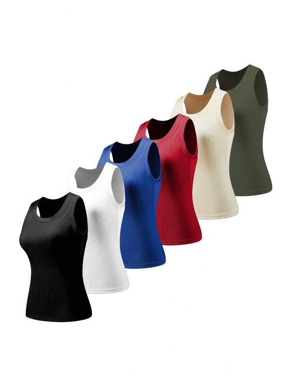 6er Pack Damen Ärmelloses Tanktop, Strickstoff, einfarbiges Crew Neck Trägershirt für Frühling/Sommer/Herbst, mittlere Dehnbarkeit, leichtes Sportshirt