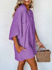 Astylish 女士纯色半袖纽扣领宽松超大短裤连体衣带口袋夏季服装