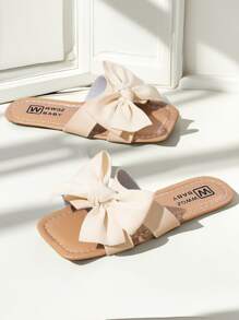 Girls' Solid Color Big Bow Style Square Toe Flat Sandals Are Lightweight And Breathable, Suitable For Home And Outdoor Use - Beige - View 4