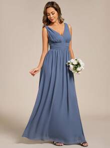 Elegant Chiffon V-Neck Sleeveless Ruched Long Formal Slate Blue Bridesmaid Dress, Suitable For Spring/Summer Wedding Guests, Graduation Ceremonies, Galas - Dusty Blue - View 5