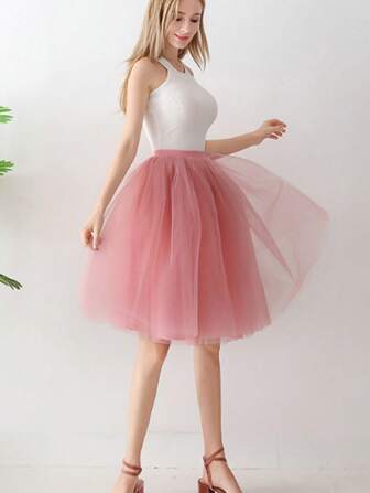 1pc Women's Multiple Colors Elastic Waist 60cm Tutu Skirt, Multi-Layer Fluffy Ruffle Knee-Length Mesh Pleated Skirt, Adult Skirt