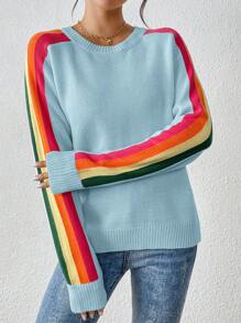 Women's Colorful Rainbow Striped Casual Crew Neck Long Sleeve Sweater, Autumn/Winter - Baby Blue - View 6