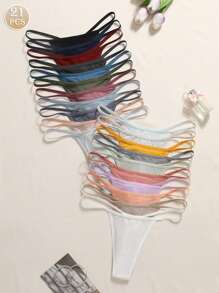 21pcs Ribbed & Ribbed Thong Panties For Women, Multi-Color