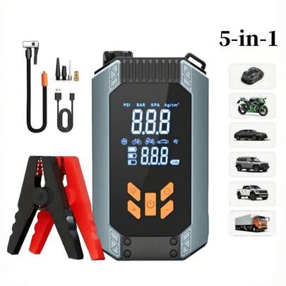 1 pieza Arrancador de coche de 150PSI 5000A con compresor de aire, kit de emergencia de inflador digital de neumáticos 5 en 1, batería portátil cargador de batería de coche, adecuado para motores de gasolina de 10L o diésel de 8.0L