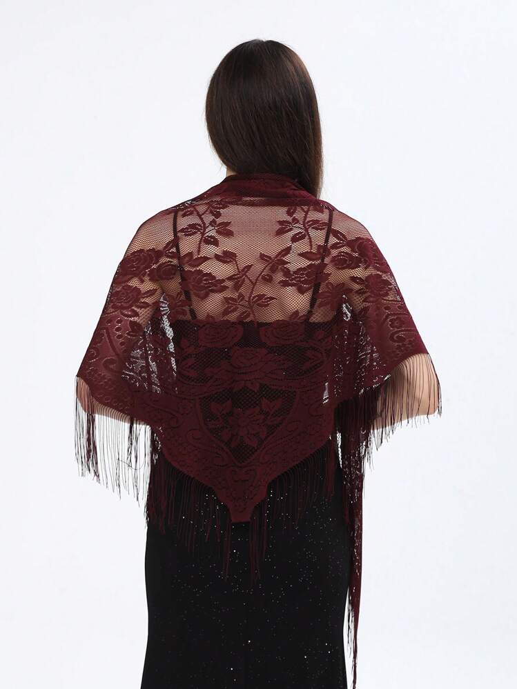 1 pieza Bufanda/Chal triangular de mujer de unicolor con encaje, rosa, flecos, diseño elegante y de moda, transpirable, pañuelo para el cuello para vestir - Rosa - Ver 22