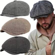 Retro British Plaid Octagonal Cap Men, Autumn/Winter Fashion Beret Cap, Korean Style Newsboy Hat