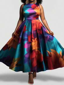 Plus Size Ditsy Floral Pocket Satin Midi Dress, Semi-Formal Summer Elegant Vacation - Multicolor - View 3