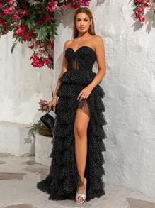 Strapless Polka Dot Mesh Princess Cake Dress Evening Gown, Party Dress, Wedding Guest Dress, Prom Dress