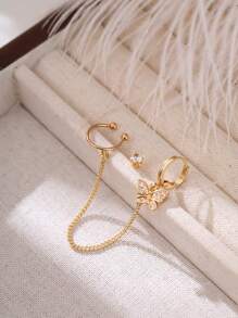 Nooxian 2pcs/Set Multi-Layer Cartilage Piercing Earring Set, Fashionable Butterfly Element C-Shaped Copper Ear Clip Linked Ear Cuff, Niche Cubic Zirconia Stud Earrings Set (No Gift Box) - Yellow Gold - View 2