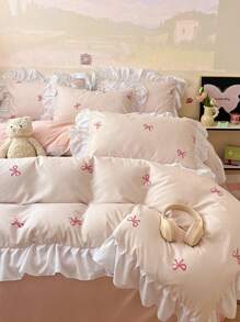 2/3pcs Set Ruffled Waterproof Fiber Duvet Cover And Pillowcase With Butterfly Print Bedding (Excludes Filler), Contrast Color Modern Bedding Suitable For Bedroom, Student Dorms, Single, Double Beds, All Season