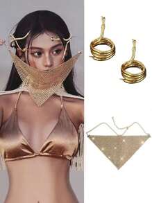 3pcs Metallic Crystal Headpiece Set, Including Retro Snake Headband & Face Veil, Unique Decor - Two Golden Snakes and One Metal Rhinestone Face Curtain - View 1