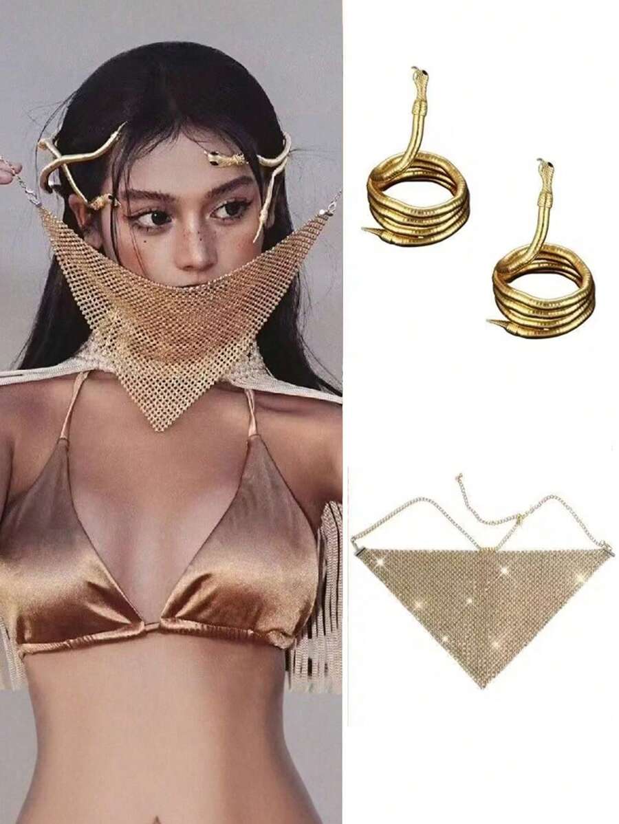 3pcs Metallic Crystal Headpiece Set, Including Retro Snake Headband & Face Veil, Unique Decor - Two Golden Snakes and One Metal Rhinestone Face Curtain - View 1