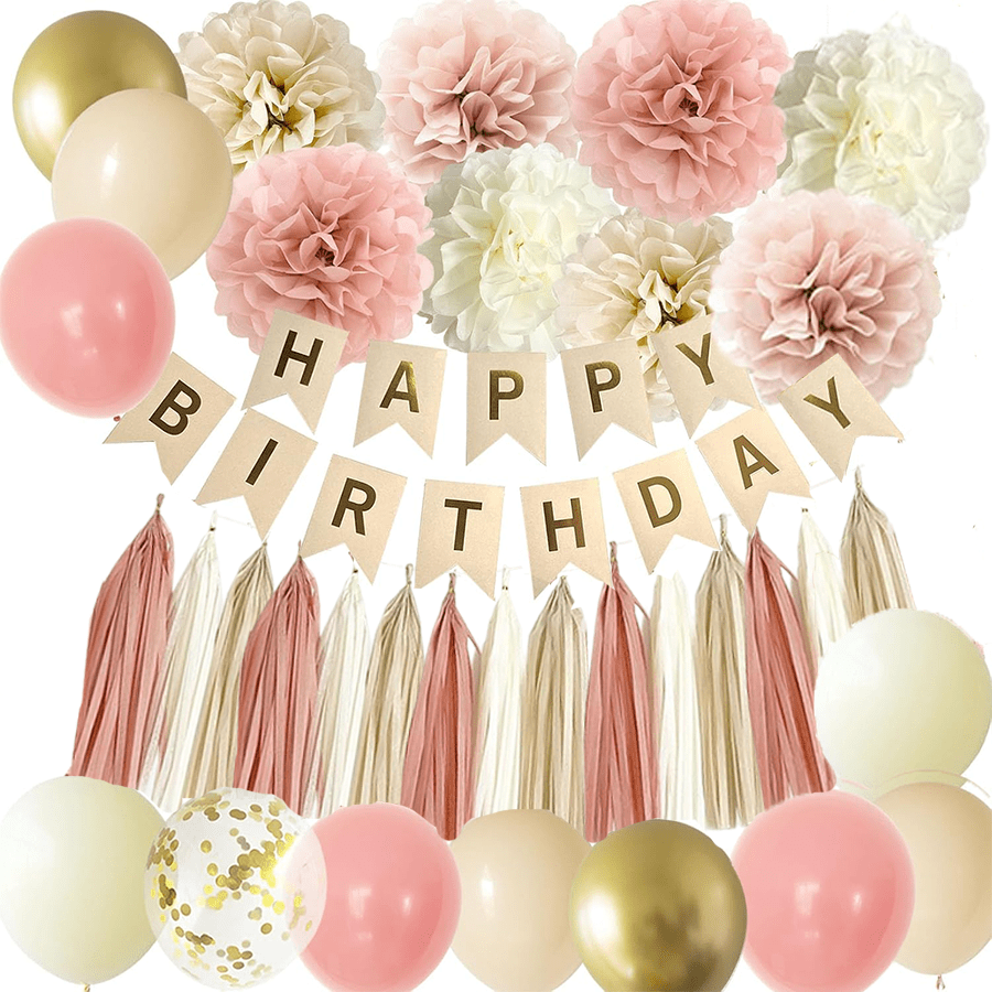 Decoraciones para fiesta de cumpleaños estilo boho en colores rosa polvoriento, rosa marchito, brosado, beige e marfil, para fiestas de 15, 21 y 30 años, decoraciones de cumpleaños boho y neutras para fiestas boho