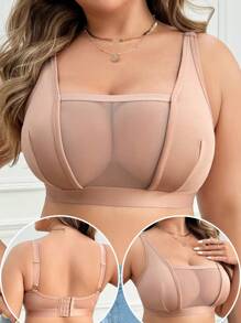 Plus Size Comfortable Solid Color Mesh Patchwork Wireless Bra - Apricot - View 5