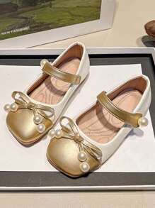 Girls Leather Shoes, 2025 Autumn-Spring New Bow Pearl Fashion Performance Stylish Kids Princess Flats For Toddler & Big Girls