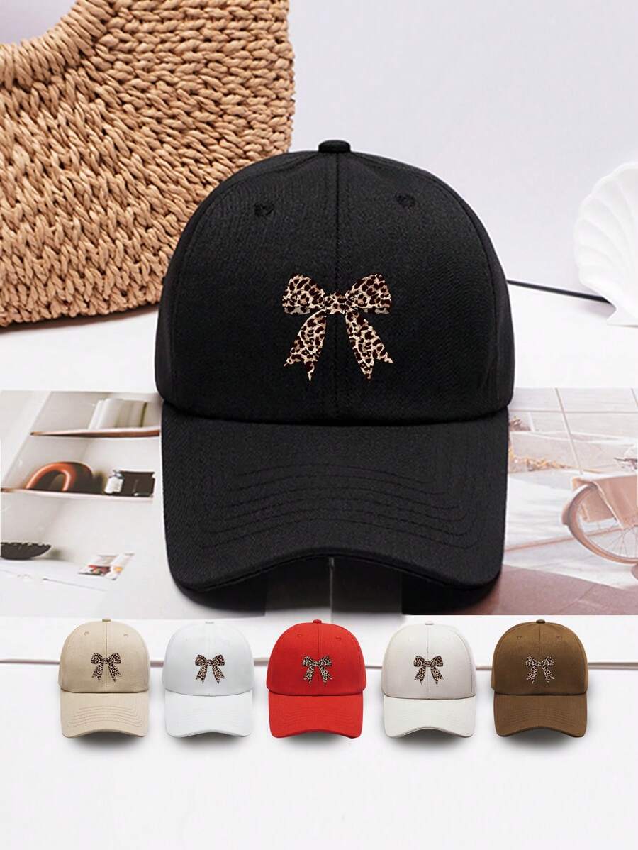 1顶女士时尚豹纹蝴蝶结装饰可调节棒球帽，休闲简约风格，适合日常和户外佩戴，经典复古柔软吸汗带，轻便防晒，是送给家人和朋友的完美礼物。