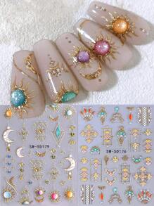 5D Metallic Bohemian Embossed Nail Stickers 2pcs Iridescent Gold Sun Gemstone Graphic Lace Enamel Necklace Moon Design DIY Holographic Engraving Self-Adhesive Gel Polish Decals Sliders Nail Art Decoration Salon Manicure Nail Supplies
