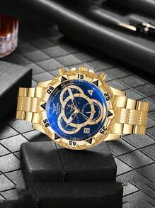 1 件/套时尚简约三眼混合刻度石英钢带手表，适合日常搭配、生日礼物、万圣节礼物、年终促销、光棍节 - 金色 - 查看 4