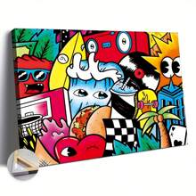 Canvas, 1 Piece Wooden Frame Oversized Canvas Wall Art, Colorful Graffiti Style Wall Art, Young Happiness, Game Room Decoration, Pop Art Canvas, Home Decoration, Ready To Hang