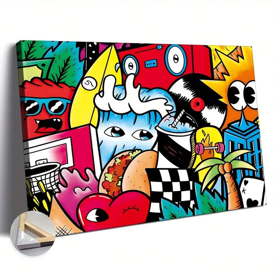 Canvas, 1 Piece Wooden Frame Oversized Canvas Wall Art, Colorful Graffiti Style Wall Art, Young Happiness, Game Room Decoration, Pop Art Canvas, Home Decoration, Ready To Hang