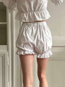 Women's Bloomers Loose Eyelet Embroidery Elastic Waist Ruffled Trim Bubble Lounge Shorts For Summer
