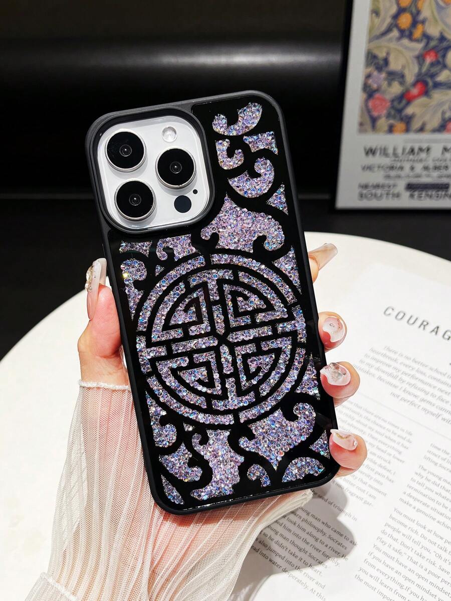 亮片 1 件水钻图腾设计防震硅胶手机壳兼容 iPhone 11、iPhone 16、15、14、13、12 和 11 Pro