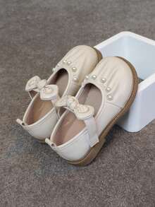 1 Đôi giày da đế bằng thắt nơ đơn giản thanh lịch cho bé gái, lãng mạn và thời trang, thích hợp cho mùa hè - Màu be - Xem 4