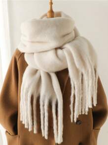 1pc Women Multicolor Extra Long Faux Cashmere Solid Color Scarf With Tassels, Warm For Autumn/Winter Outings, Traveling, And Shopping - Beige - View 12
