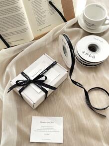 1cm Printed Polyester Ribbon, Gift Packaging Ribbon, Variety Of Flower & English Letter Printed Ribbons, Satin Ribbon For Mother's Day, Valentine's Day, Gift Wrapping And Decoration, Milky White - Black - View 2