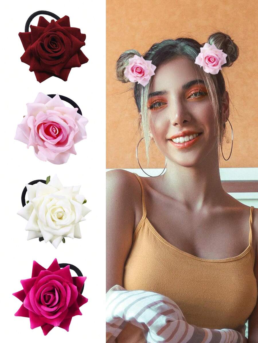 Flower Decor Hair Tie Elegant ,Beach Outfit,Beach Hair Floral Accessories,Beach Vacation Ponytail Holders Hair Elastics Hair Rubber Bands Scrunchies Hair Rope Elastic Hair Tie ,Head Piece - Multicolor - View 1