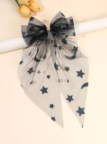 1pc Large Black Mesh Hair Bows For Women Girls Solid Color Star Moon Pattern Alligator Clips Sparkling Star Moon Printed Bow Hair Clips Elegant Long Tail Bow Hair Clips Wedding Party Holiday Gifts Bow Barrettes Women Hair Accessories