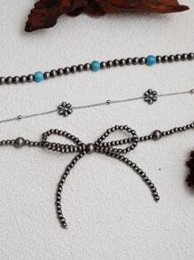 Set de 3 collares con lazo, flor, perla negra falsa y cuentas de turquesa para mujer. Estilo vaquero occidental con cadena de cuentas plateadas de material CCB, hechos a mano, regalo de cumpleaños, regalo de amistad, regalo de joyería