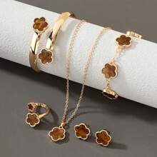 6 pezzi set di gioielli in lega a forma di foglie e quadrifogli per donne - bracciale, collana, orecchini a perno, ciondolo a fiore della fortuna