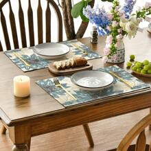 1pc/1set Sunflower Pattern Linen Placemats, Tablecloth And Table Runner Set, 12"X18"/13"X72" Seasonal Kitchen Dining Table Decor, Party & Home Decoration - Multicolor - View 2