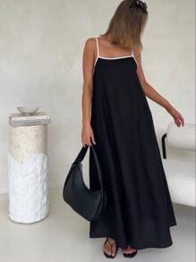 Women's Fashion Contrast Color Cotton And Linen Long Style Suspender Skirt Dress - màu đen - Xem 4