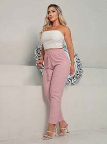 TEREZA Women's Trousers With PREMIUM Linen Italian Hem And Casual Elastic Waistband - 玫瑰 - 查看 2