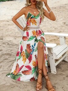 Vestido Largo Con Estampado Tropical Para Mujer,Vestido Con Tirantes Huecos,Vestido Con Escote En V Profundo,Para Vacaciones En La Playa - Blanco - Ver 5
