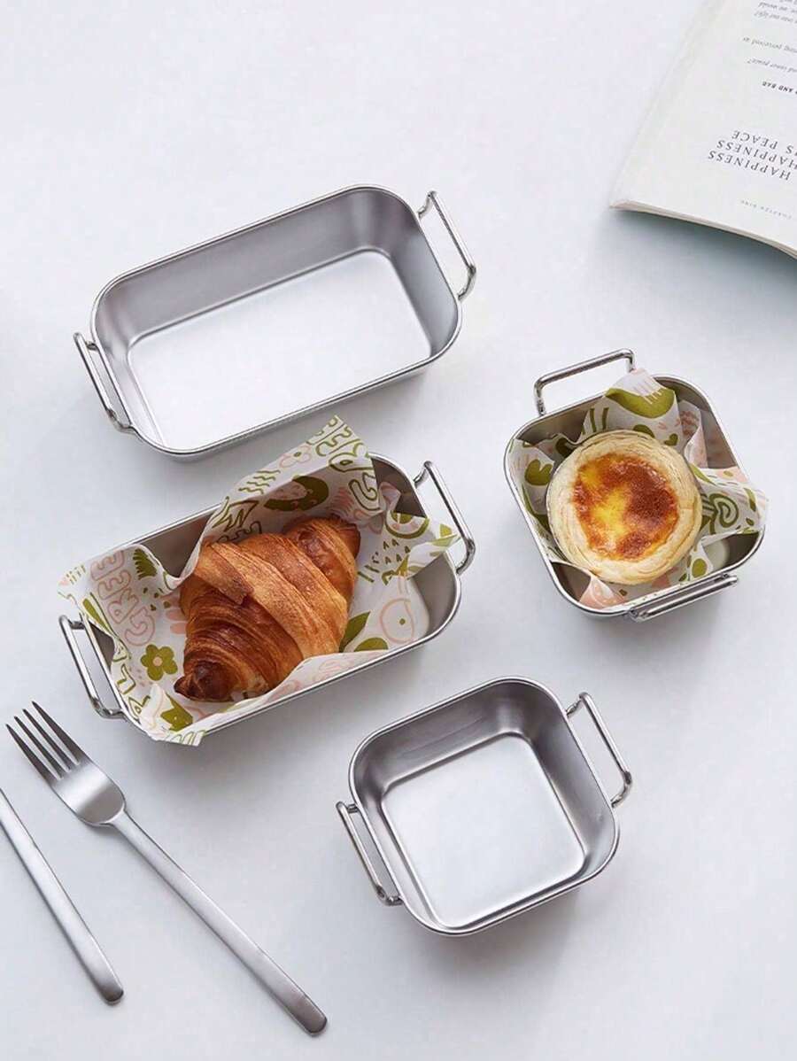 1pc/2pcs Stainless Steel Double Ear Snack Plate, Candy, Fries Basket, Creative Dining Plate Tray - Multicolor - View 1