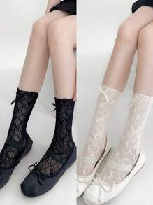 1 par de calcetines de media pantorrilla con decoración de encaje, flor y lazo, elegantes y sofisticados
