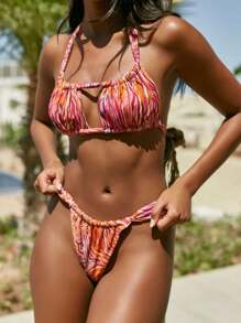 2025 New Sexy Floral Print Strappy Halter Bikini Set Swimsuits For Women, Europe And America Style - Red - View 1