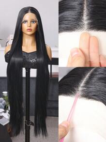 Halloween kostuumpruik T-stuk kantpruiken met babyhaar 13x4x1 synthetische vezel geïmporteerd uit Japan 40 inch zwart extra lang steil haar synthetische vezel hittebestendige pruik elastische mesh-kap geschikt voor verschillende rassen dagelijkse bijeenkomsten, hoogwaardige natuurlijke en mooie synthetische zachte nepvezelhaar voor vrouwen