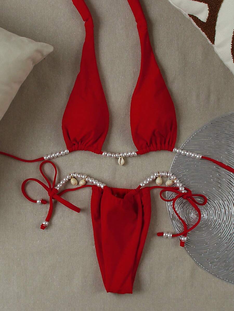 European And American Style Solid Color Women's Summer Beach Halter Tie Bikini Swimwear Set